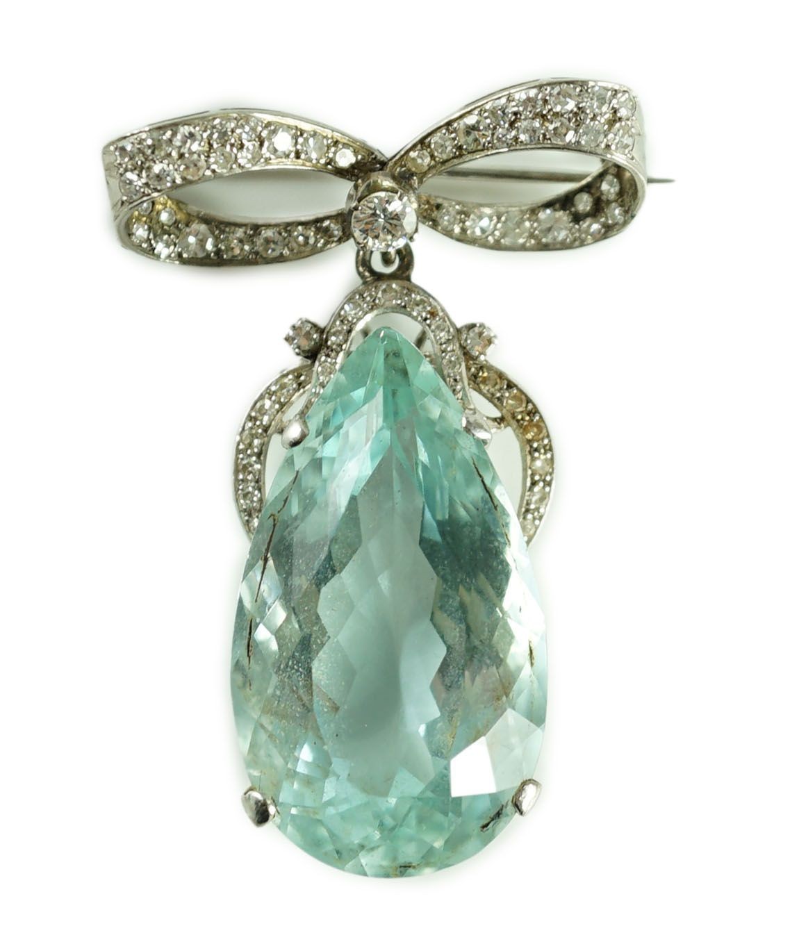 A mid 20th century continental white gold, facet cut pear shaped aquamarine and diamond set drop pendant, on a diamond set ribbon bow brooch